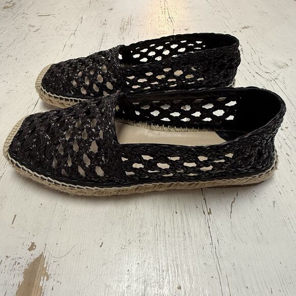 Paloma Barcelo Espadrille Flats Square Toe Black Outer Leather Knit 7 EU 37 - Picture 4 of 10